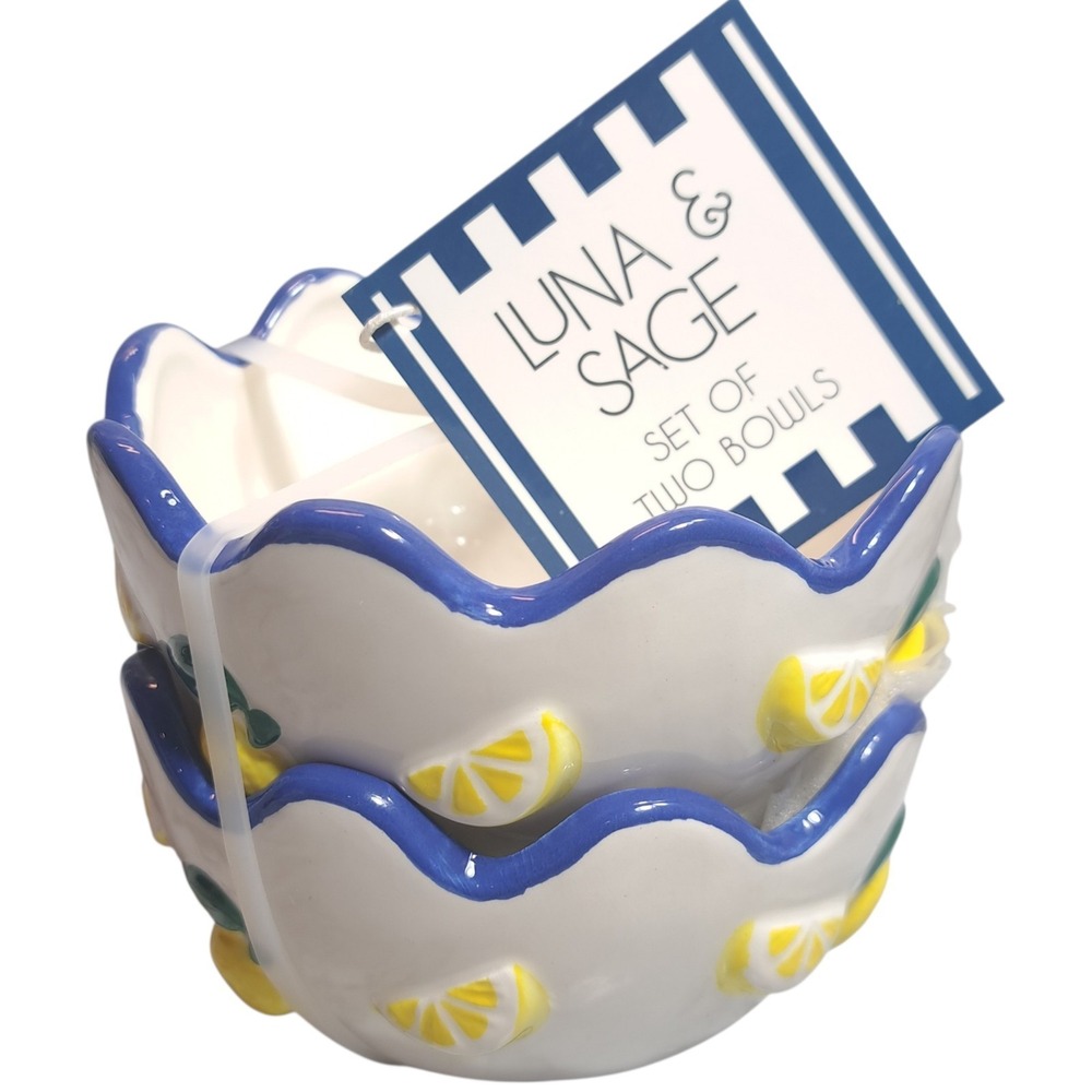 Luna & Sage Set of 2 Lemon Theme Bowls With Blue Scallop Rim Kitchen Dinnerware